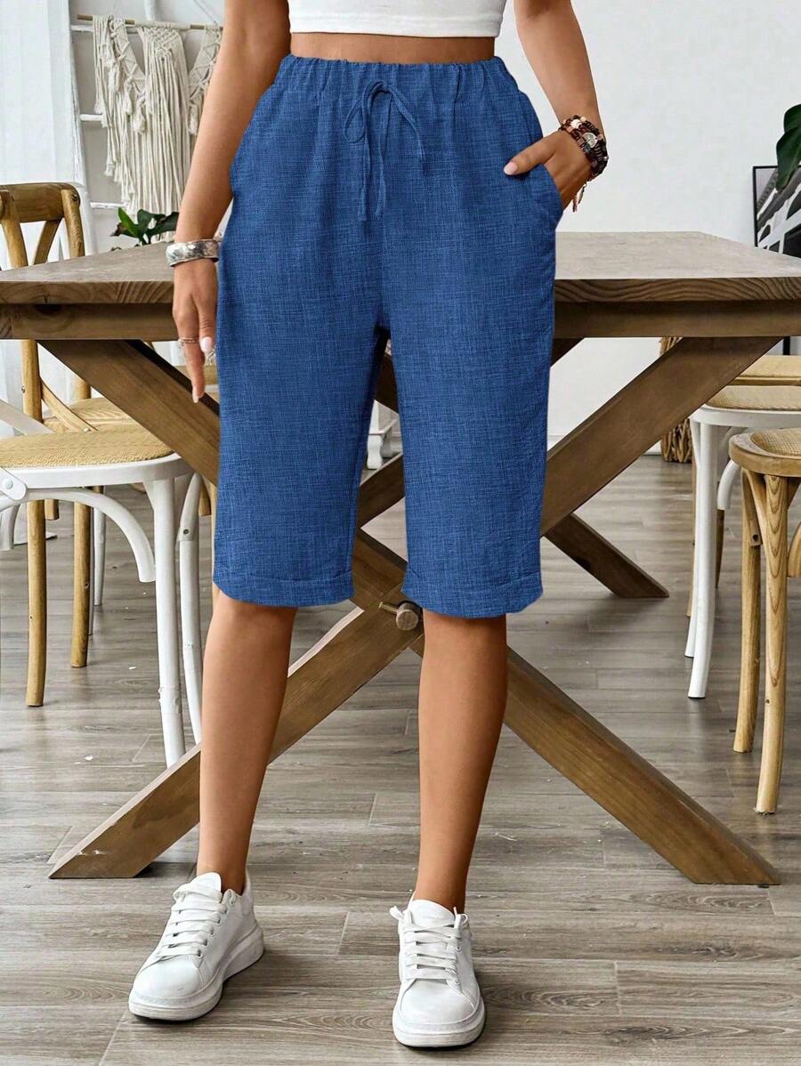 Breezaya 女士纯色抽绳休闲松紧腰短裤，适合假期穿着 - 藍色 - 查看 1