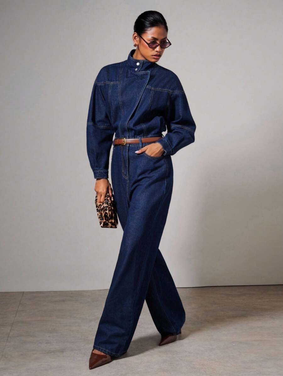 COSMINA 女士休闲日常外出立领牛仔连体裤 - 深色水洗藍 - 查看 1