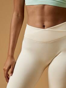 MISSGUIDED High Waisted Athletic Leggings Seamless Compression Workout Pants Running Activewear Tummy Control Yoga Pants With Crossed Waistband - Apricot - View 5