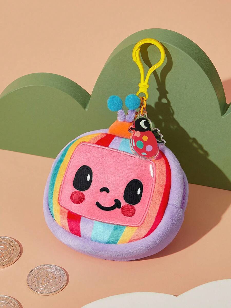 CoComelon X SHEIN 可爱卡通刺绣毛绒零钱包，适合挂在包包上，可装硬币、耳机、口红 - 彩色 - 查看 1