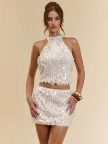 SHEIN BAE 夏秋季女式亮片闪粉露背无袖上衣和中低腰迷你裙，女士两件套，亮片两件套西装，女士两件套西装，适合鸡尾酒会、度假、活动、夜总会、派对、音乐节、全白派对装 - 杏色 - 查看 4