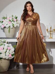 Modelyn Women Plus Size Elegant Knitted Glossy Fabric Waist Cinched Long Dress - Gold - View 5