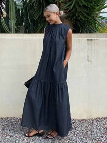 DAZY 女士夏季露背无袖牛仔伞裙度假装 - 藍色 - 查看 7