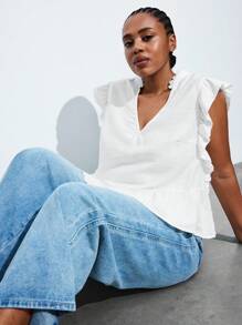 Maija Plus Size White Ruffle Sleeve V-Neck V Neck Casual Top, Fall Autumn Back To School Homecoming Modest Vintage Women Old Money Teacher Romantic, Fashion, Versatile; Comfortable, Stylish, Elegant, Casual, Simple Daily Wear, Essential, Solid Color, Holiday Casual, Decent, Single Lady, Elegant Fashion Business Casual Woman Going Out Tops Graduation Teacher - White - View 2