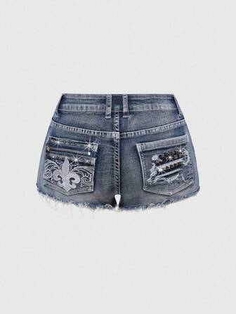 J-Fashion Short en jean vintage pour femmes grande taille, style Punk Millénaire Hipster, taille basse, ultra-court, avec fermeture éclair, rivets, poches et broderies