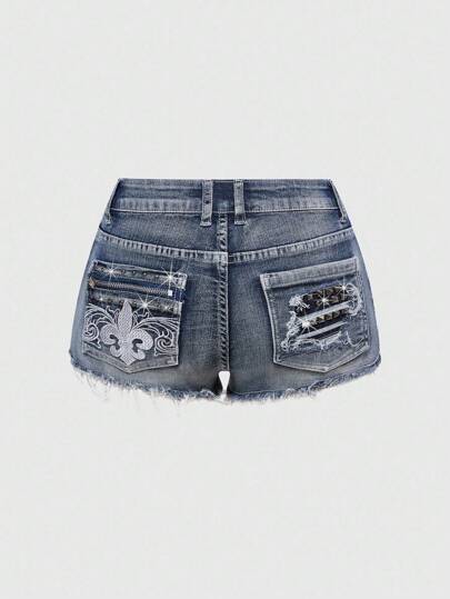 J-Fashion Short en jean vintage pour femmes grande taille, style Punk Millénaire Hipster, taille basse, ultra-court, avec fermeture éclair, rivets, poches et broderies