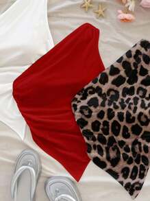 Soleia 3 件套性感豹纹组合（白色、红色、纯色豹纹）不对称下摆露肩上衣，适合夏季和海滩风格 - 彩色 - 查看 6