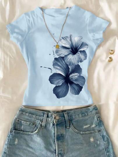 SHEIN Tween Girls Floral Print Cropped Fitted Round Neck T-Shirts, Casual & Comfortable For Summer