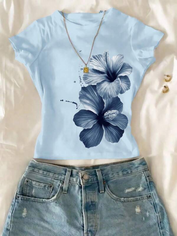 SHEIN Camisetas de cuello redondo ajustadas y acortadas con estampado floral para niñas preadolescentes, casuales y cómodas para el verano