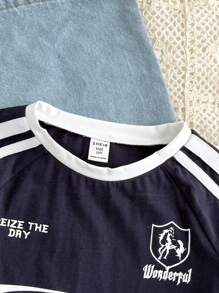 SHEIN Áo thun cotton bó sát co giãn cổ tròn cho bé gái tuổi teen, màu đỏ tía, phong cách đại học, họa tiết khẩu hiệu ruy băng, vá vá - Màu xanh hải quân - Xem 3