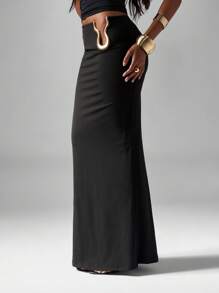 MISSGUIDED 高腰弹力修身长裙，侧面金色五金细节，及地长款晚会婚礼宾客夜间外出场合长款修身优雅时尚裙 - 黑色 - 查看 5