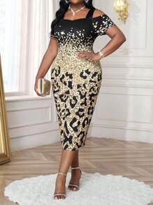 SHEIN Lady 加大码女式露肩短袖修身优雅连衣裙 邮轮装 女士正式连衣裙 女士连衣裙 优雅优雅女士连衣裙 豹纹印花 女士高档服装 动物印花外出连衣裙 端庄连衣裙 - 彩色 - 查看 3