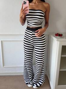 2pcs/Set Casual & Comfortable Seamless Crop Top & Pants Set For Teenage Girls Striped Two Piece Set - Multicolor - View 3