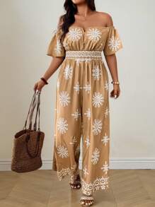 SHEIN LUNE Bộ đồ liền thân tay ngắn hở vai in họa tiết cỡ lớn có dây rút ở eo, mặc ngoài trời thường ngày - Nhiều màu - Xem 5