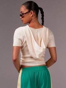 Athîral Women Solid Color Ruffle Fitted Hooded Short Sleeve Sweater,Sports Girls,Going Out Tops,Streetwear,Autumn,Winter Clothes