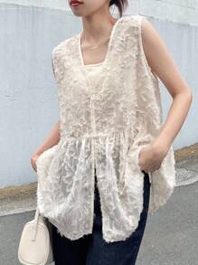 FRIFUL Veste sans manches ample en tissu texturé à col en V pour femmes