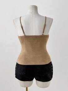 Sunspun 大码荷叶边蕾丝拼接修身吊带背心 - 卡其色 - 查看 2