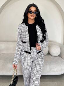 SHEIN SXY Women Minimalist Elegant Vintage Black&White Plaid Jacket, Casual/Work/Party/Formal Occasion Wear, Versatile Short Outerwear For Autumn/Winter, - Multicolor - View 4