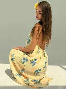 Aloruh Vestido largo con estampado floral, cuello profundo en V con volantes y espalda descubierta para playa para mujer - Multicolor - Ver 6