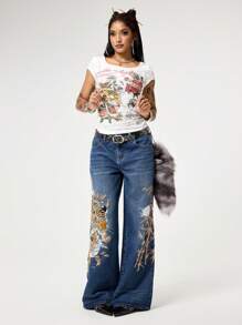 ROMWE Grunge Punk Y2K 复古性感虎纹藤蔓仿纹身印花高领紧身女式 T 恤