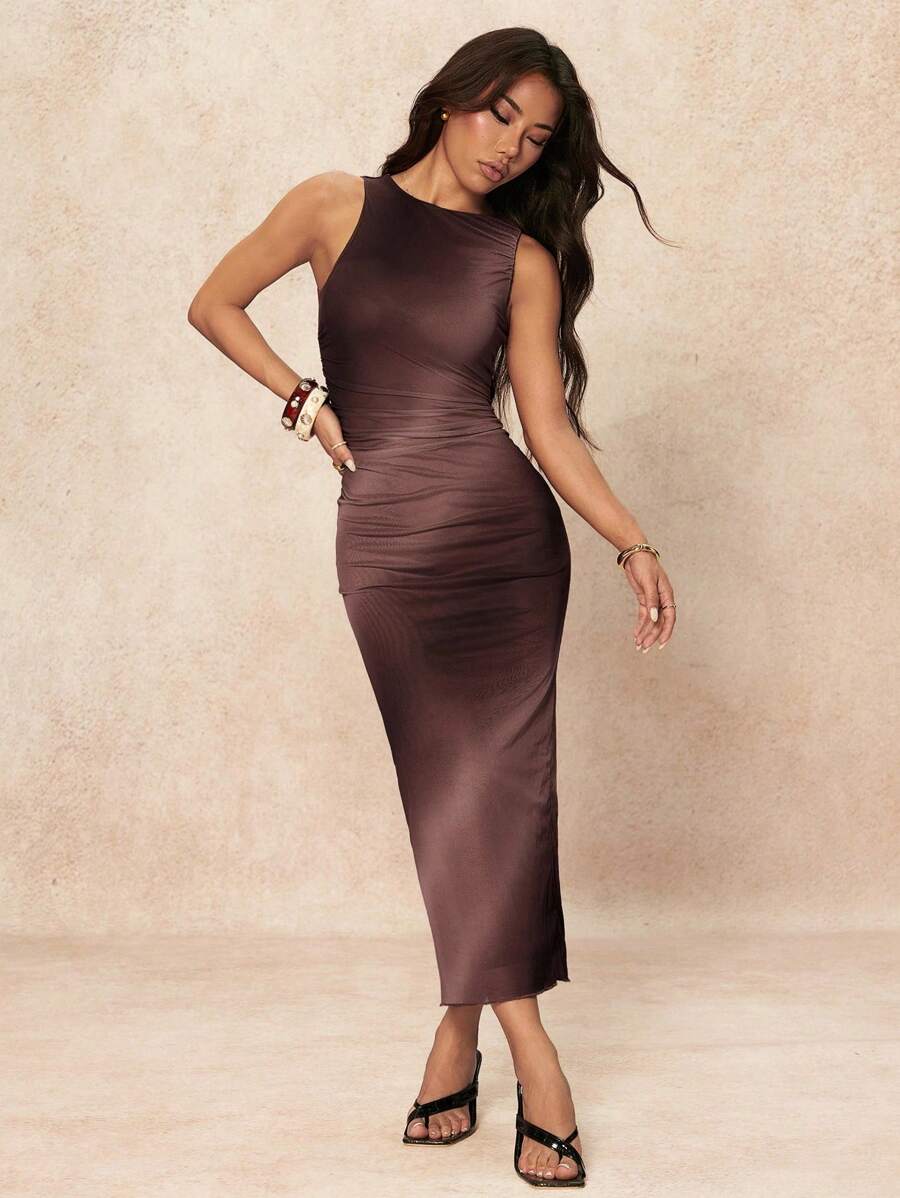 SHEIN PETITE 女士渐变色褶皱圆领无袖紧身连衣裙 - 棕色 - 查看 1