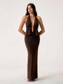 SHEIN Tall Women Elegant Plain Color Sexy Brown Halter Low Back Crop Top And Skirt Set,Elegant Outfits For Party,Wedding Guest Sets For Women,Party Outfit - Brown - View 6