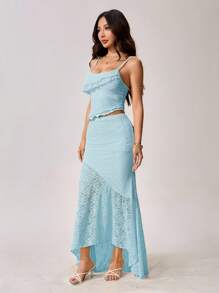 SHEIN PETITE 女装春夏度假结婚季透视蕾丝不对称下摆背心和低腰包臀鱼尾荷叶边加长不对称下摆裙两件套淡蓝色两件套 - 淺藍色 - 查看 6