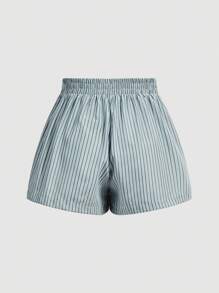 SHEIN PETITE CURVE 女士休闲宽松高腰字母条纹腰带松紧腰短裤