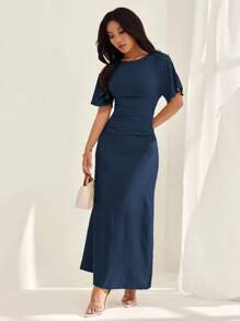 SHEIN PETITE 女式夏季纯色亚麻混纺休闲优雅连衣裙，