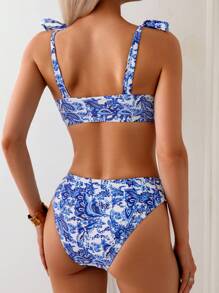Sunnyshic Ladies 2pcs Random Printed V-Neck Thick Strap Bowknot Crop Top & Triangle Bottom Bikini Set Set - Blue and White - View 2