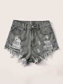 SHEIN ICON Women Simple Frayed Hem Shorts For Daily Wear - Light Grey - View 4