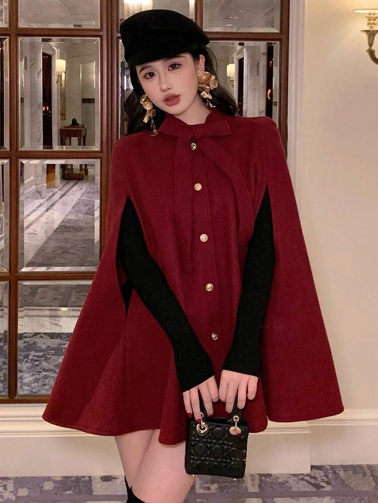 Oversized Women's Short Red Woolen Cloak With Bow, Elegant For Banquet Jacket,New Year Women Coats