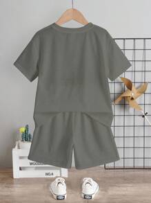 SHEIN 2pcs/Set Young Boys Casual Plain Short Sleeve T-Shirt And Shorts, Summer Outfit