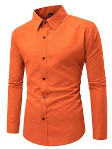 Manfinity Mode Men's Button Down Orange Long Sleeve Slim Fit Business Formal Dress Shirt, Long Sleeve Men Shirt,Fall - Coral Orange - View 4