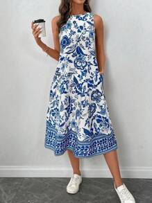 SHEIN LUNE Große Größen Ärmellose A-Linien Lässig Kleid mit Allover-Muster für Damen, Sommer Urlaubsoutfit Frau Boho Strandoutfit für Frau, Urlaubsoutfits Frühling & Sommer Lässig Urlaub Bohemien Porzellan-Muster Ärmellos knöchellang Kleid für berufstätige Lässig Frau - Blau-Weiß - Übersicht 7