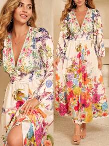 Flirla 大码女式花卉印花长袖 V 领 A 字长裙，约会装 - 彩色 - 查看 1