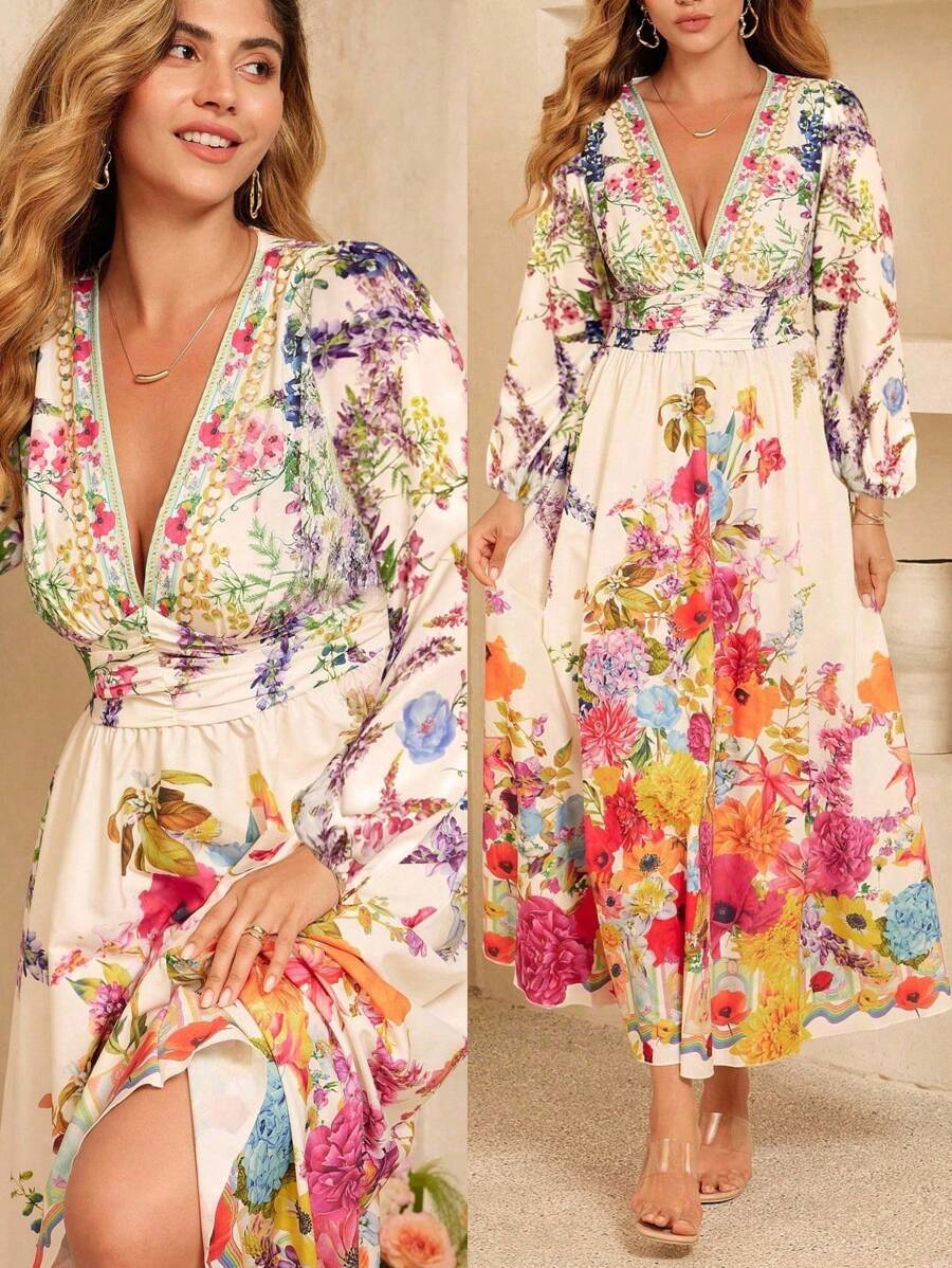Flirla 大码女式花卉印花长袖 V 领 A 字长裙，约会装 - 彩色 - 查看 1