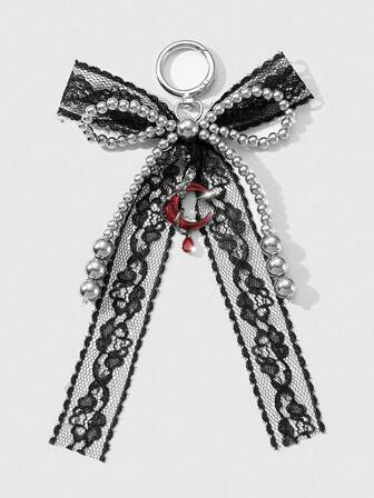 Kawaii 1pc Y2K Vintage Fashion Kawaii Dark Gothic Style Handmade Beaded Lace Bow, Rose & Crescent Moon Pendant DIY Keychain Bag Charm, Suitable For Women/Girls Daily Wear And Holiday Gifts