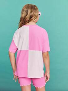 SHEIN Tween Girls' Casual Simple Comfortable Colorblock Round Neck Short Sleeve T-Shirt And Shorts Set ,Back To School Season, Christmas - Hot Pink - View 3