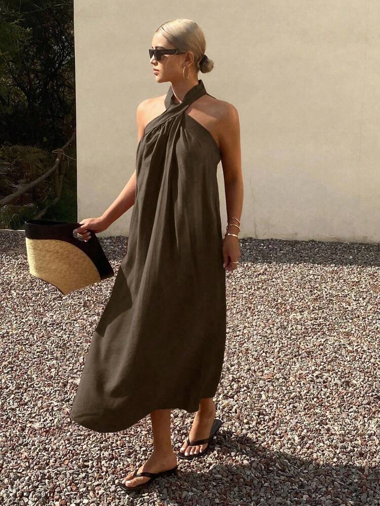 Women Plain Loose V-Neck Halterneck Casual Holiday Dress, Summer
