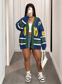 Slaydiva Áo khoác cardigan dệt kim tay dài cổ chữ V dáng rộng, họa tiết 23, kiểu dáng mới, thích hợp mặc thường ngày và dạo phố, cỡ lớn, phù hợp cho mùa thu đông. - Nhiều màu - Xem 6