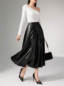 Heiryn Minimalist & Fashionable Berry-Colored PU Leather Skirt For Women - Black - View 1