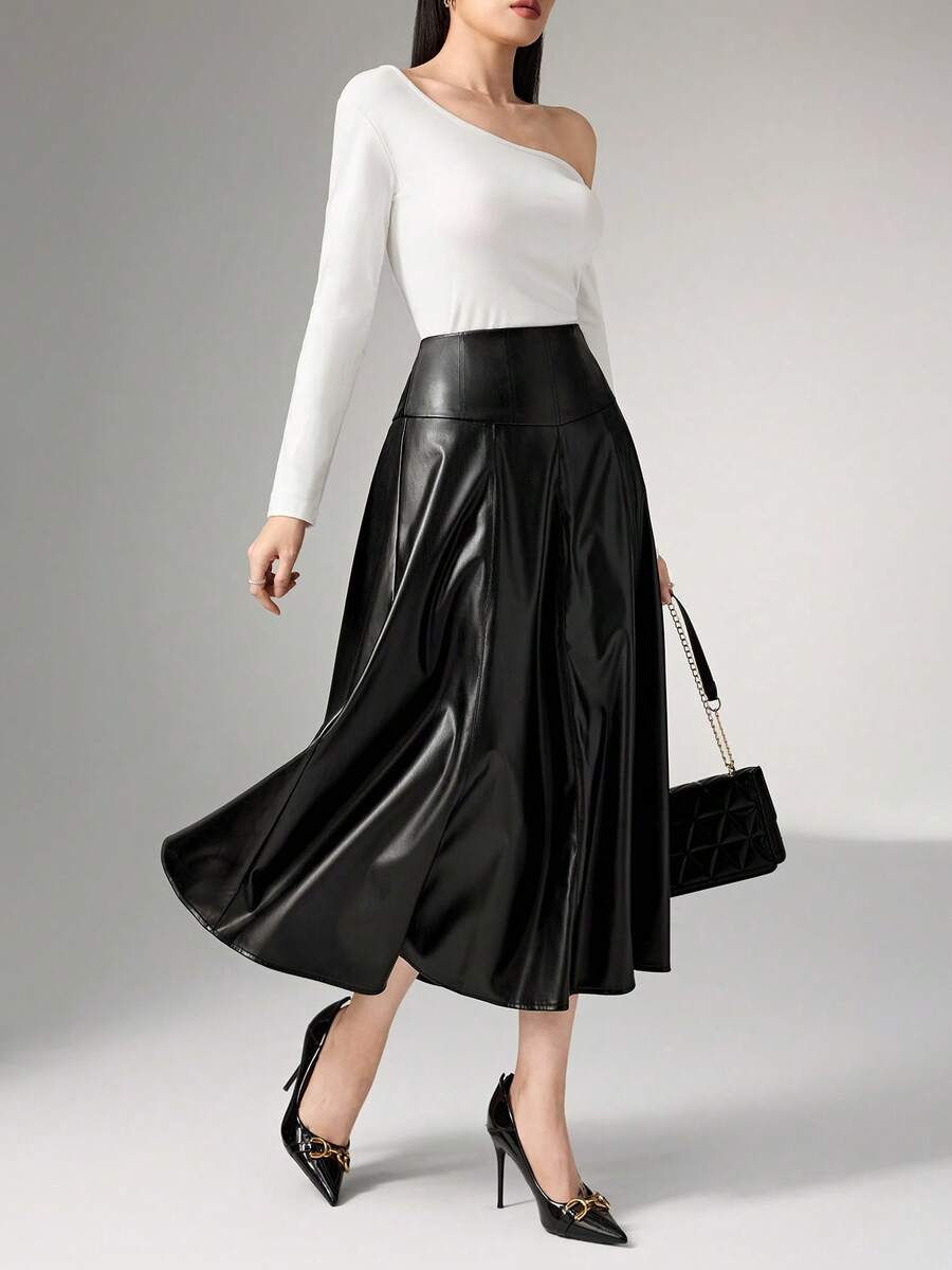 Heiryn Minimalist & Fashionable Berry-Colored PU Leather Skirt For Women - Black - View 1