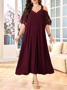 Lacomfia Vestido Solto Elegante Tamanho Plus com Decote em V, Manga Curta, Recortes a Laser e Renda - Vinho - Visão 7