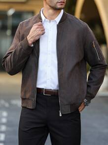 Manfinity Homme Men's Long Sleeve Casual Suede Zipper Front Casual Brown Bomber Jacket Fleece - Khaki - View 4