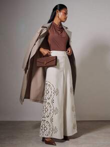 COSMINA 秋季女装女士优雅阔腿镂空提花裤、工作裤、外出装 - 杏色 - 查看 8