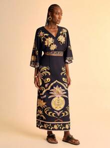 CAJUNI Damen Retro Blumen Muster V-Ausschnitt Crop Bluse für Urlaub - Boho Damen Bekleidung / Westliche Kleidung für Frauen / Grafik / Lässig Frau - Basic / Ausgeh Tops Frauen / Herbst Damen Kleidung - Verschiedenfarbig - Übersicht 3