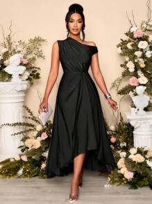 SOLERSUN 女式春夏时尚优雅约会派对紫色弹力针织舒适褶皱细节垂坠连衣裙不对称领口不对称下摆开衩长裙 - 黑色 - 查看 5