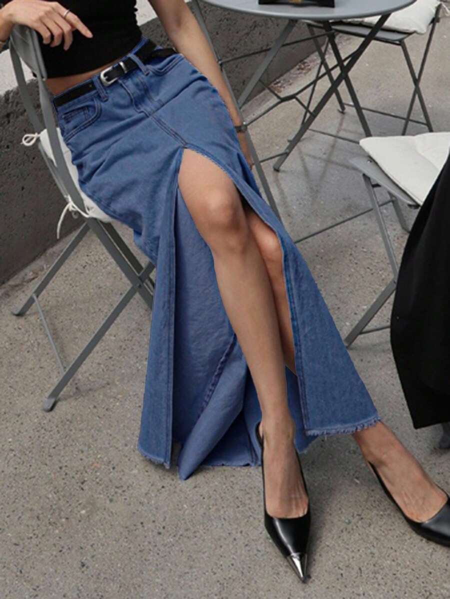 DAZY 女士时尚街头风格高开叉毛边加长牛仔裙，不含腰带 - 藍色 - 查看 1