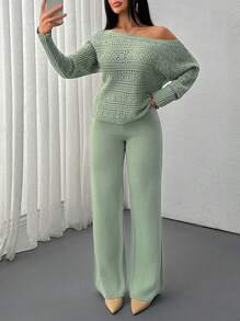 EURMUSE Solid Color Holo Out Batwing Sleeve Sweater, Spring/Fall Season, Long Sleeve Top And Sweater Pant Comfortable Two Piece Set - Green - View 4